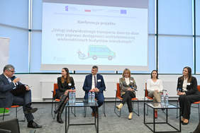 Pokaż zdjęcie: sala konferencyjna, grupa osób mężczyźni i kobiety. Siedzą na krzesłach ustawionych w podkowę