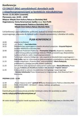 Pokaż zdjęcie: Plan konferencji: CO DALEJ? (Nie) samodzielność dorosłych osób z niepełnosprawnościami w kontekście mieszkalnictwa