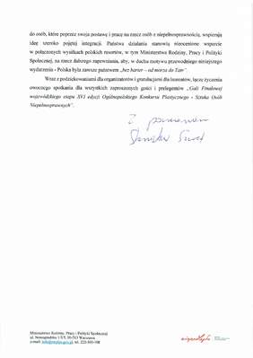 Pokaż zdjęcie: List gratulacyjny od Wiceministra Stanisława Szweda