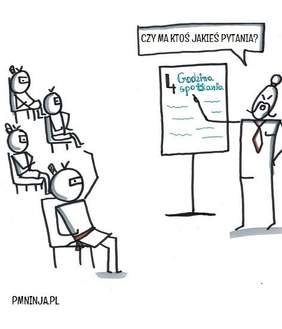 Pokaż zdjęcie: Grafika przedstawia prowadzącego spotkanie, a na tablicy jest napis"4 godzina spotkania" i dymek ze słowami prowadzącego "Kto ma  jeszcze pytania?". Na sali siedzą 4 osoby i jedna z nich podnosi rękę.