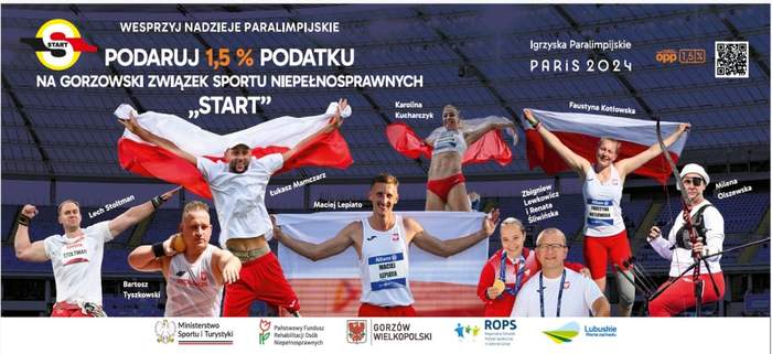 Pokaż zdjęcie: Grafika z najlepszymi zawodnikami Start Gorzów, widoczne napisy zachęcające do wsparcia klubu, Igrzysk Olimpijskich