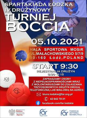 Pokaż zdjęcie: plakat w kolorze niebiesko- czerwonym  promujący Turniej Bocia z informacjami zamieszczonymi w komunikacie o wydarzeniu. Na dole plakatu umieszczono logo fundacji oraz logo Ministerstwa Kultury Dziedzictwa Narodowego i Sportu