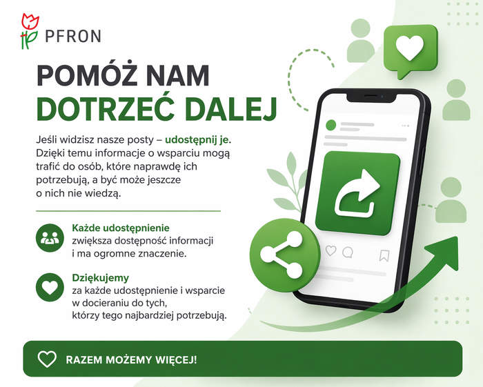 Pokaż zdjęcie: Grafika informacyjna PFRON z hasłem „Pomóż nam dotrzeć dalej”, zachęcająca do udostępniania postów, z ilustracją telefonu i ikoną udostępniania w zielonej kolorystyce.