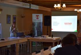 Pokaż zdjęcie: Bogusława Słońska w trakcie omawiania prezentacji dotyczącej "Programu wyrównywania różnic między regionami III". W tle widoczny slajd z logotypem programu.