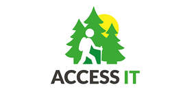 Logotyp: na tle trzech choinek maszerująca postać turysty z plecakiem i kijkiem (laską) pos spodem napis "Access IT"