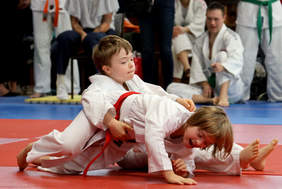 Pokaż zdjęcie: Dwaj chłopcy z zespołem downa mocują się na macie. Ubrani są w kimona.