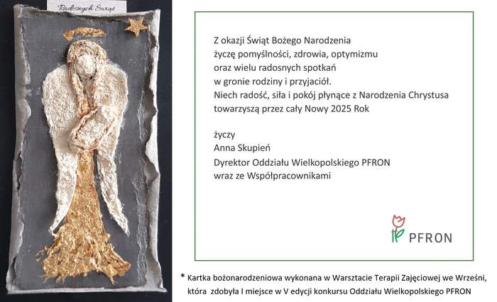Pokaż zdjęcie: Karta świąteczna podzielona na dwie części. Po lewej stronie rękodzieło z aniołem, który podtrzymuje małe dziecko. Nad aniołem widoczna jest gwiazda oraz napis „Radosnych Świąt”. Druga część kartki wypełniona tekstem z życzeniami w zielonej ramce.
