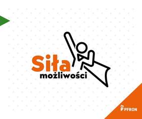 Pokaż zdjęcie: Zdjęcie jest infografiką konkursu. Na środku napisany jest tytuł konkursu: Siła możliwości. Po prawej stronie tekstu znajduje się ikona bohatera w pelerynie. W prawym dolnym rogu umieszczone jest logo PFRON. 