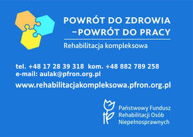 wizytówka, na niebieskim tle biały napis powrót do zdrowia, powrót do pracy, dane kontaktowe do pracownika PFRON, w lewym górnym roku trzy zazębiające się tryby 