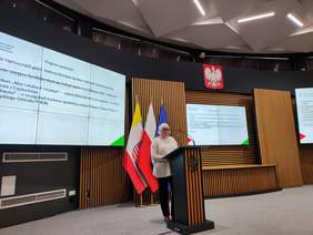 Pokaż zdjęcie: Kobieta w jasnym swetrze występuje przed publicznością prezentując programy realizowane przez urząd