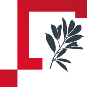Logo konkursu Laur Dostępności - zielony liść laurowy otoczony czerwoną, niedomknietą ramką