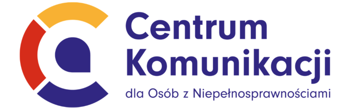 Pokaż zdjęcie: Logo „Centrum Komunikacji dla Osób z Niepełnosprawnościami” wyświetlone na ekranie. Po lewej kolorowy symbol litery „C”, po prawej granatowy napis.
