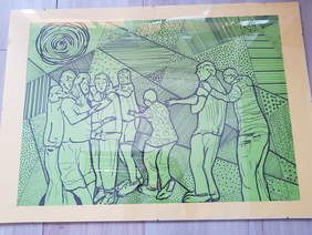 Pokaż zdjęcie: Grafika przedstawiająca tańczących ludzi, na zielonym tle, wykonana czarnym rysowaniem