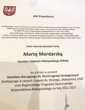 Pokaż zdjęcie: Marta Mordarska - Dyrektor Małopolskiego Oddziału PFRON odebrała powołanie do udziału w pracach Komitetu Sterującego ds. Rozstrzygnięć Strategicznych 