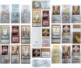 Pokaż zdjęcie: Kartki wielkanocne z formie kolażu. Na większości znajdują się symbole świeckie, takie jak: zajączki, kurczaki, czy też baranki. Cześć kartek prezentuje także Zmartwychwstanie Chrystusa.