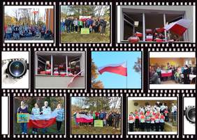 Pokaż zdjęcie: Kolaż prezentujący świętowanie przez osoby niepełnosprawne stulecia odzyskania niepodległości 