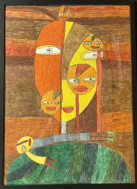 Pokaż zdjęcie: Surrealistyczny obraz dużej głowy podzielonej kolorystycznie na pół rudy/żółty, na jej tle mniejsze głowy z dużymi oczyma i ustami. Kolorystyka obrazu jest w tonacji kolorów natury.