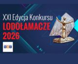 Grafika promująca XXI edycję konkursu „Lodołamacze 2026”. Na granatowym tle czerwony napis, statuetka konkursowa oraz logotyp RDC