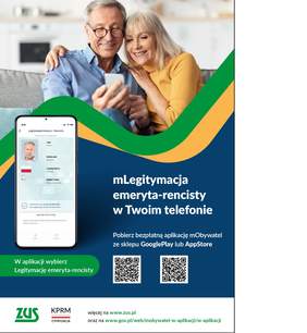 Pokaż zdjęcie: plakat promujący akcję mLegitymacja emeryta-rencisty w Twoim telefonie. Na zdjęciu kobieta i mężczyzna w starczym wieku trzyma smartfona i wpatruje się w ekran. Na dole zamieszczono informację o pobraniu aplikacji