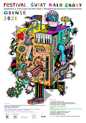 Pokaż zdjęcie: Abstrakcyjne pudło z różnymi oczami stojące na jednej nodze w kolorowych spodniach, z którego wystaje kilka par różnych rąk. Trzymają saksofon, aparat, przybory do malowania. Pod spodem informacja o wydarzeniach - gdzie się odbędą. Na dole log