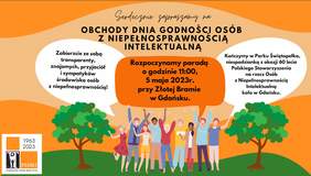 Pokaż zdjęcie: Plakat w z tłem w odcieniach koloru pomarańczowego. Na środku między dwoma drzewami stoi grupa uśmiechniętych ludzi trzymających ręce ku górze. Nad nimi napis obchody dnia godności osób z niepełnosprawnością intelektualną. Termin i miejsce 