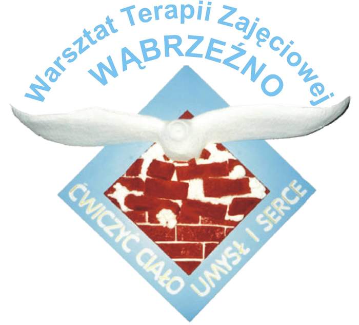 Logo WTZ Wąbrzeźno: na górze napis Warsztat Terapii Zajęciowej Wąbrzeźno, pod nim biały ptak w locie, a tle - w niebieskiej ramce - mur z cegieł i na ramce napis "ćwiczyć ciało, umysł i serce"