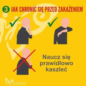 Pokaż zdjęcie: Plakat informacyjny PTWM - grafika pokazująca jak prawidłowo kaszleć