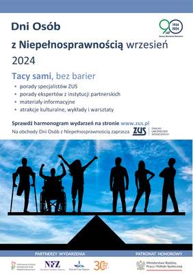 Pokaż zdjęcie: W górnej części nazwa, temat oraz podstawowe informacje dotyczące wydarzenia, w dolnej części grafika kilku osób niepełnosprawnych stojących na szali równej z osobami pełnosprawnymi. W dolnym pasku loga partnerów i patronatów wydarzenia.