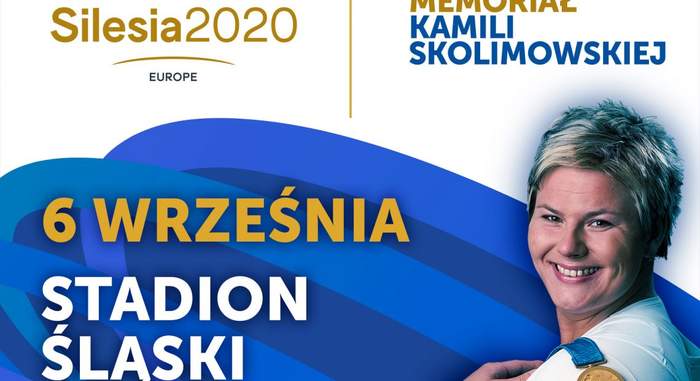 Pokaż zdjęcie: na białoniebieskim tle twarz Kamili Skolimowskiej napisy w lewym górnym rogu silesia2020 6 września stadion śląski napis z prawej strony memoriał kamili skolimowskiej