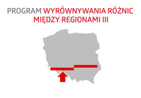 Pokaż zdjęcie: Napis drukowanymi literami Program Wyrównywania Różnic Między Regionami. Pod nim szara mapa polski z dowma czerwonymi paskami koło siebie.