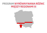 Napis drukowanymi literami Program Wyrównywania Różnic Między Regionami. Pod nim szara mapa polski z dowma czerwonymi paskami koło siebie.
