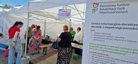 Pokaż zdjęcie: Ciąg białych namiotów. Na pierwszym planie widoczny rollup PFRON z logo CIDON. Obok namiotu stoi kilka osób, które są zainteresowane stoiskiem PFRON.