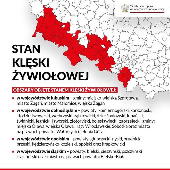 Pokaż zdjęcie: Mapa z gminami objętymi stanem klęski żywiołowej w Polsce wraz z opisem tych gmin