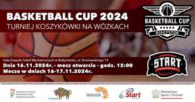 Pokaż zdjęcie: Zaproszenie na turniej koszykówki na wózkach "Basketball Cup 2024" w Białymstoku! Mecze odbędą się 16-17.11.2024 w hali Zespołu Szkół Mechanicznych ul. Broniewskiego 14. Mecz otwarcia: 16.11 o godz. 12:00. Wydarzenie wspierane przez PFRON i Ministerstwo Sportu.