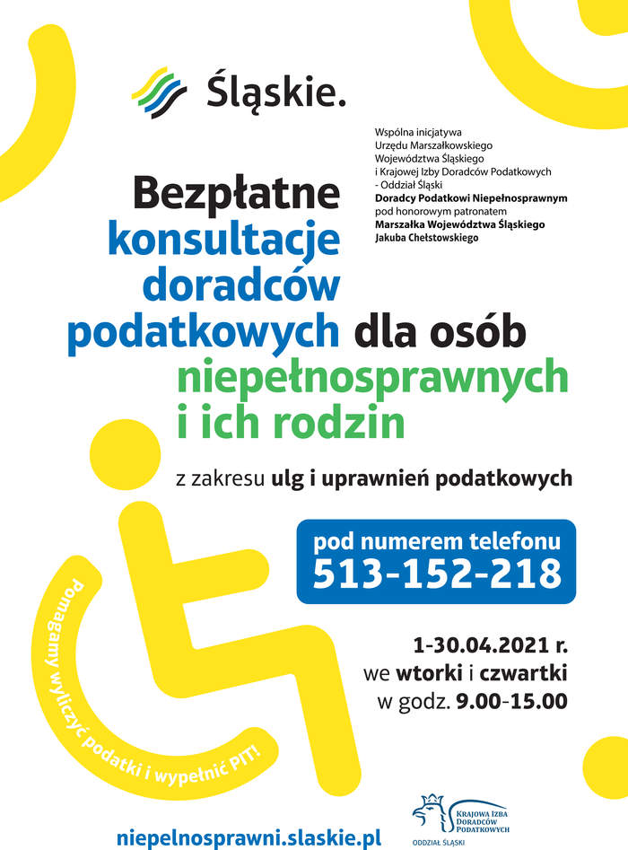 Pokaż zdjęcie: Plakat na białym tle kolorowy napis Bezpłatne konsultacje doradców podatkowych dla osób niepełnosprawnych i ich rodzin, pełna treść w tekście komunikatu