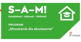 Pokaż zdjęcie: Zdjęcie jest grafiką programu. Na zielonym tle białą czcionką napisana jest nazwa programu. Ponadto po prawej stronie znajduje sie ikona domu. W prawym dolnym rogu umieszczone jest logo PFRON. 