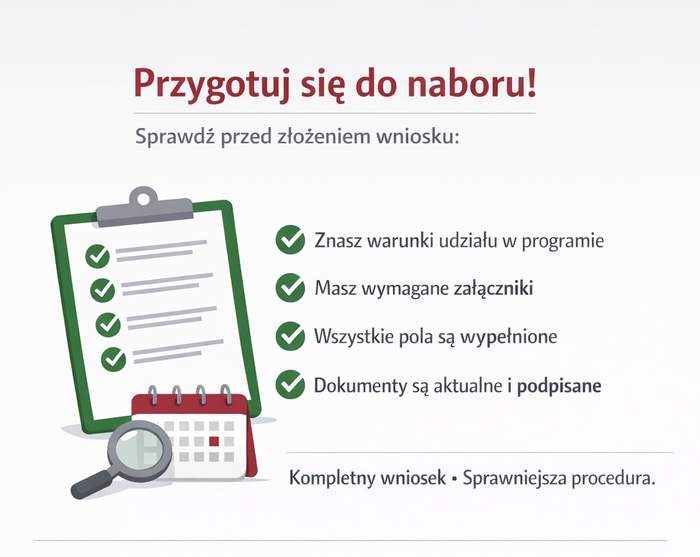 Pokaż zdjęcie: Minimalistyczna grafika przedstawiająca check listę przygotowania wniosku o dofinansowanie; na ilustracji widoczna jest lista punktów do sprawdzenia przed złożeniem dokumentów, utrzymana w stonowanej kolorystyce.