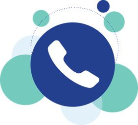 Pokaż zdjęcie: grafika, biała słuchawka umieszczona centralnie w granatowym kole, wokół koła rozmieszone są równej wielkości koła wypełnione kolorem szarym, seledynowym i granatowym