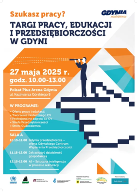 Pokaż zdjęcie: Grafika promująca Targi Pracy, Edukacji i Przedsiębiorczości w Gdyni z datą 27 maja 2025, godziną 10:00–13:00 i miejscem: Polsat Plus Arena. Po prawej postać z lunetą, u dołu logotypy organizatorów i patronów.