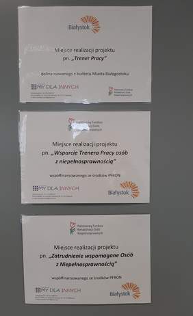 Pokaż zdjęcie: na trzech kartkach opisane projekty realizowane przez stowarzyszenie