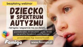 Pokaż zdjęcie: Po prawej stronie plakatu widnieje twarz zamyślonego chłopca. Po lewej stronie umieszczone zostały natomiast szczegółowe informacje, uwzględnione w treści niniejszej publikacji, nt. bezpłatnego webinarium pod nazwą „Dziecko w spektrum autyzmu – terapia i wsparcie na co dzień”.