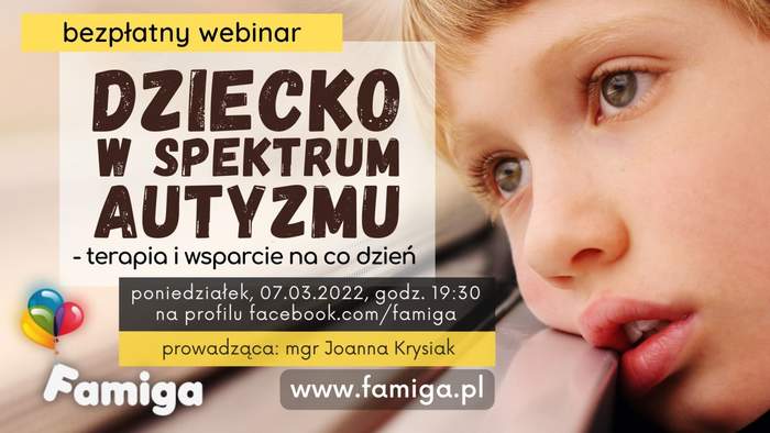 Pokaż zdjęcie: Po prawej stronie plakatu widnieje twarz zamyślonego chłopca. Po lewej stronie umieszczone zostały natomiast szczegółowe informacje, uwzględnione w treści niniejszej publikacji, nt. bezpłatnego webinarium pod nazwą „Dziecko w spektrum autyzmu – terapia i wsparcie na co dzień”.
