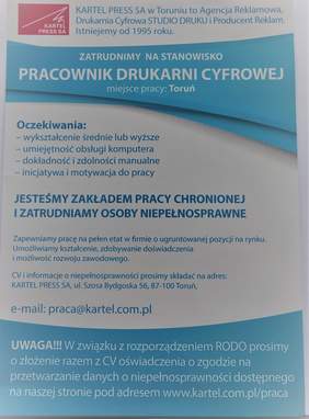 Oferta pracy na stanowisko"Pracownik drukarni cyfrowej"