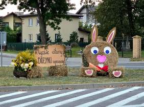 Pokaż zdjęcie: Napis w Cycowie witamy na dożynki zapraszamy, stoi na belach słomy, obok ogromny królik również ze słomy.
