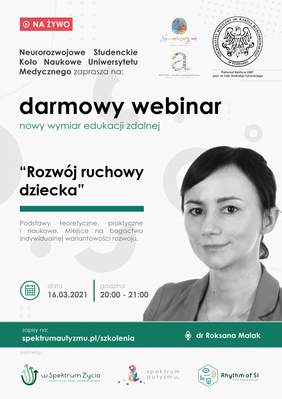 Pokaż zdjęcie: Plakat promujący bezpłatne webinarium pn. „Rozwój ruchowy dziecka”