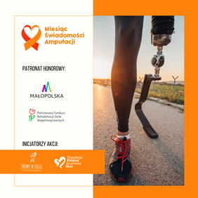 Pokaż zdjęcie: Plansza podzielona na dwie części. Po prawej stronie zdjęcie nóg z widoczną protezą. Po lewej informacja o patronacie honorowym PFRON. 