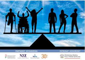 Pokaż zdjęcie: Grafika kilku osób niepełnosprawnych stojących na szali równej z osobami pełnosprawnymi. W dolnym pasku logo partnerów i patronatów wydarzenia.