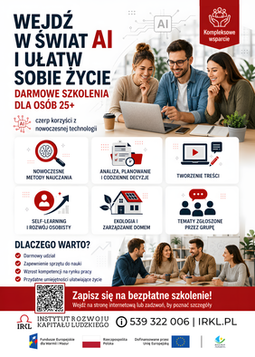 Pokaż zdjęcie: W centralnej części trzy osoby pracują przy laptopie, a wokół znajdują się ikony przedstawiające tematykę zajęć, m.in. analizę danych, tworzenie treści, rozwój osobisty i zarządzanie domem.