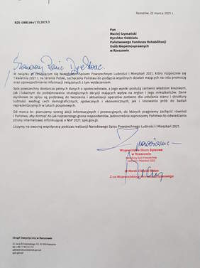 list z Wojewódzkiego Biura Spisowego w Rzeszowie do Dyrektora Oddziału Podkarpackiego PFRON dotyczący spisu, zapraszający do wspólnego promowania spisu