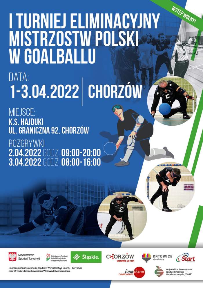 Pokaż zdjęcie: Grafika, na granatowym tle białe napisy I turniej eliminacyjny Mistrzostw Polski w Goalballu oraz informacje o wydarzeniu. Z prawej strony miniaturowe zdjęci zawodników grających w goalball.